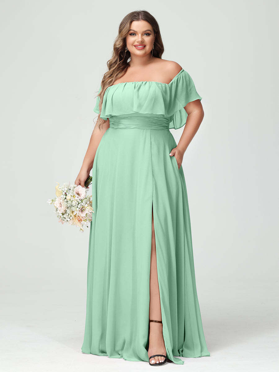 Plus Size Chiffon Bridesmaid Dress with Pockets, A-Line/Princess Cut, Off-the-Shoulder Short Sleeves & Side Split-BMbridal.UK