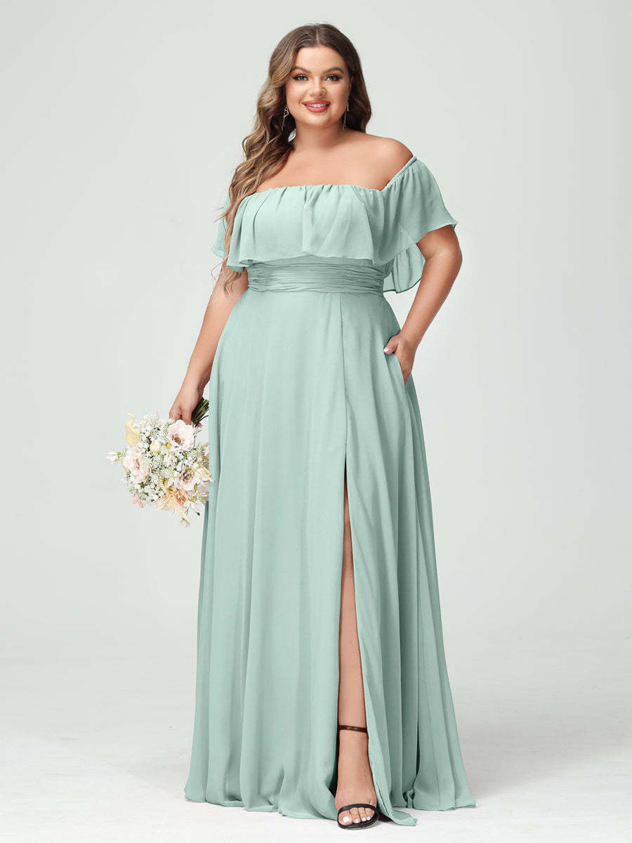 Plus Size Chiffon Bridesmaid Dress with Pockets, A-Line/Princess Cut, Off-the-Shoulder Short Sleeves & Side Split-BMbridal.UK