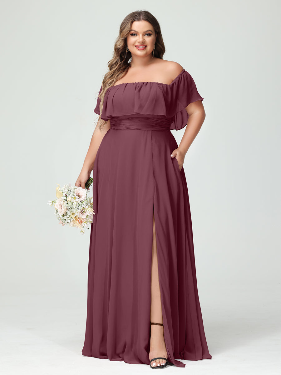 Plus Size Chiffon Bridesmaid Dress with Pockets, A-Line/Princess Cut, Off-the-Shoulder Short Sleeves & Side Split-BMbridal.UK