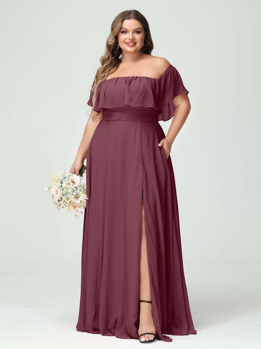 Plus Size Chiffon Bridesmaid Dress with Pockets, A-Line/Princess Cut, Off-the-Shoulder Short Sleeves & Side Split-BMbridal.UK