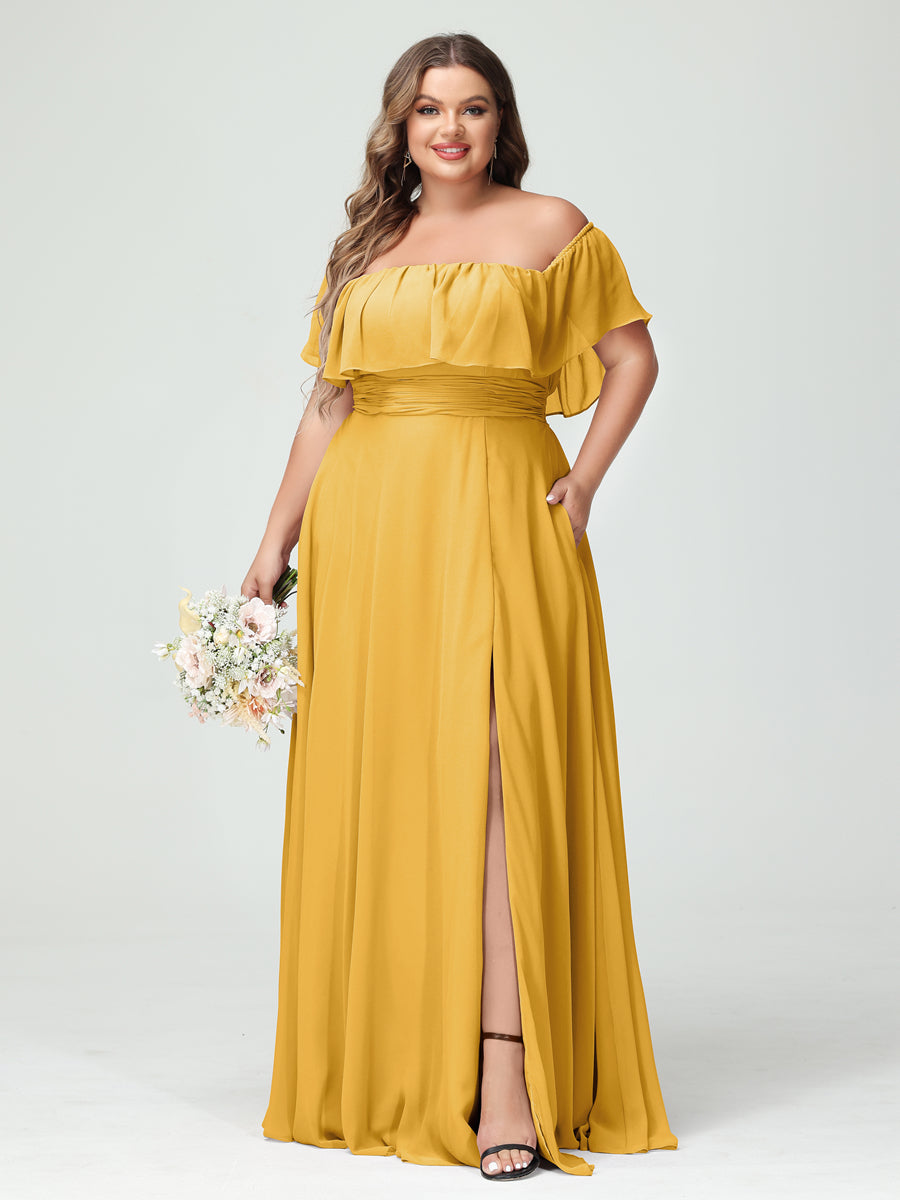 Plus Size Chiffon Bridesmaid Dress with Pockets, A-Line/Princess Cut, Off-the-Shoulder Short Sleeves & Side Split-BMbridal.UK