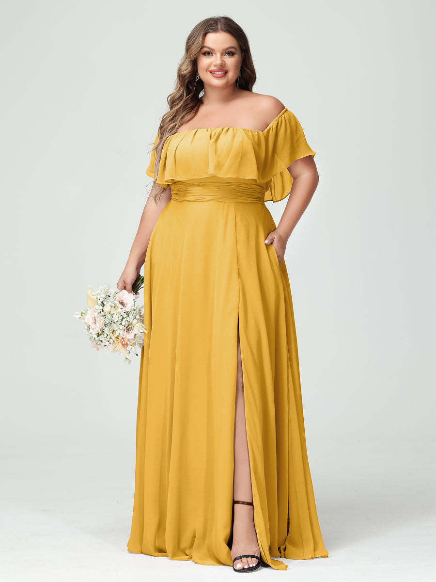 Plus Size Chiffon Bridesmaid Dress with Pockets, A-Line/Princess Cut, Off-the-Shoulder Short Sleeves & Side Split-BMbridal.UK