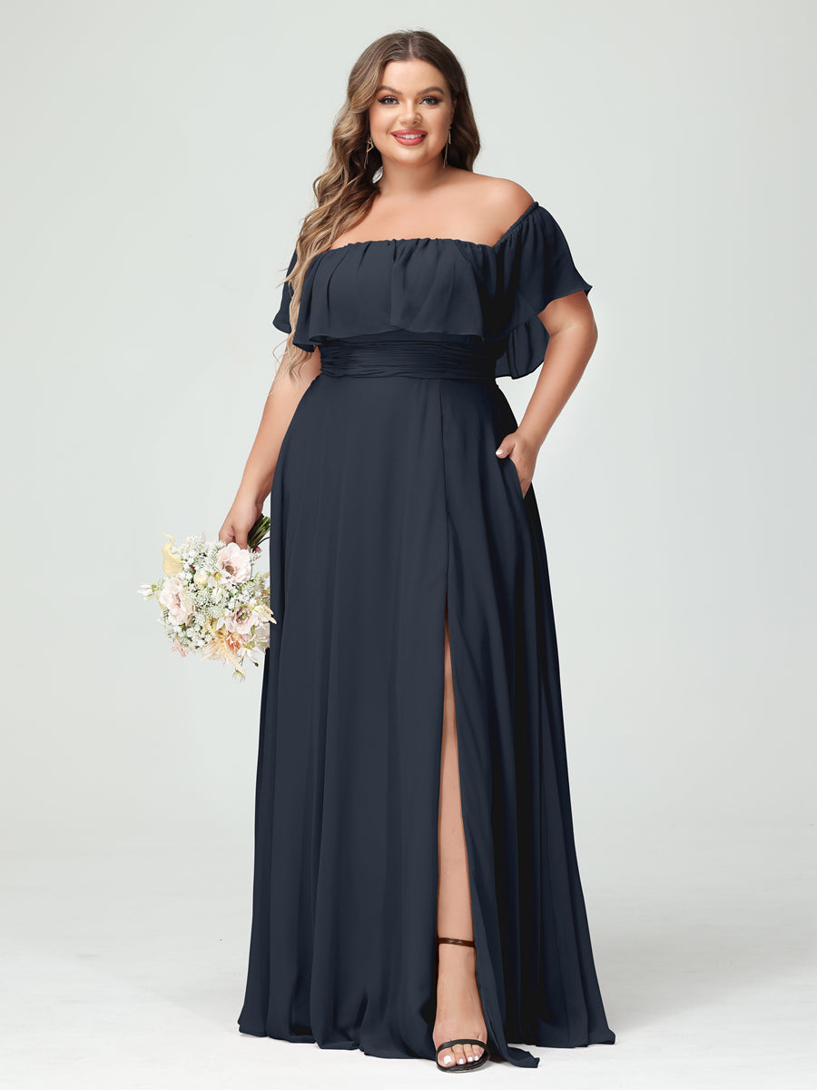 Plus Size Chiffon Bridesmaid Dress with Pockets, A-Line/Princess Cut, Off-the-Shoulder Short Sleeves & Side Split-BMbridal.UK