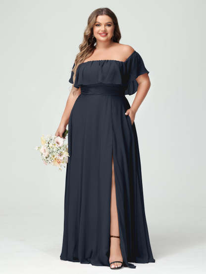 Plus Size Chiffon Bridesmaid Dress with Pockets, A-Line/Princess Cut, Off-the-Shoulder Short Sleeves & Side Split-BMbridal.UK