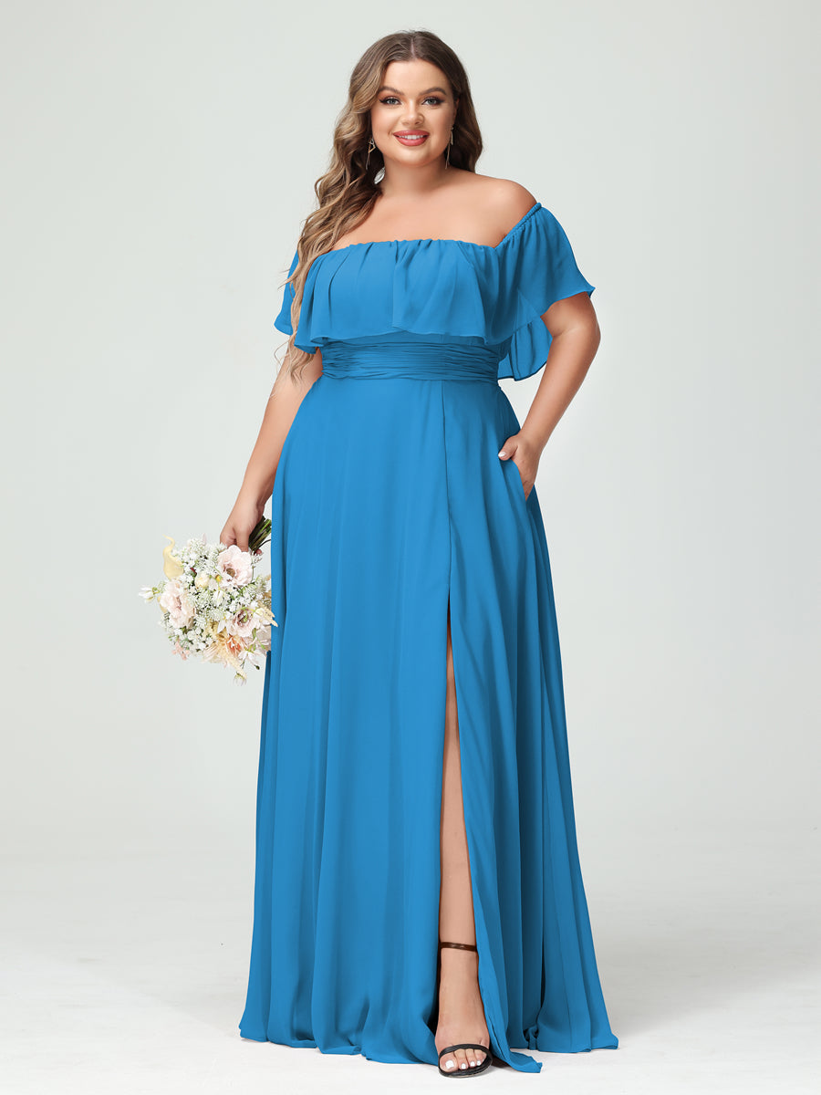 Plus Size Chiffon Bridesmaid Dress with Pockets, A-Line/Princess Cut, Off-the-Shoulder Short Sleeves & Side Split-BMbridal.UK