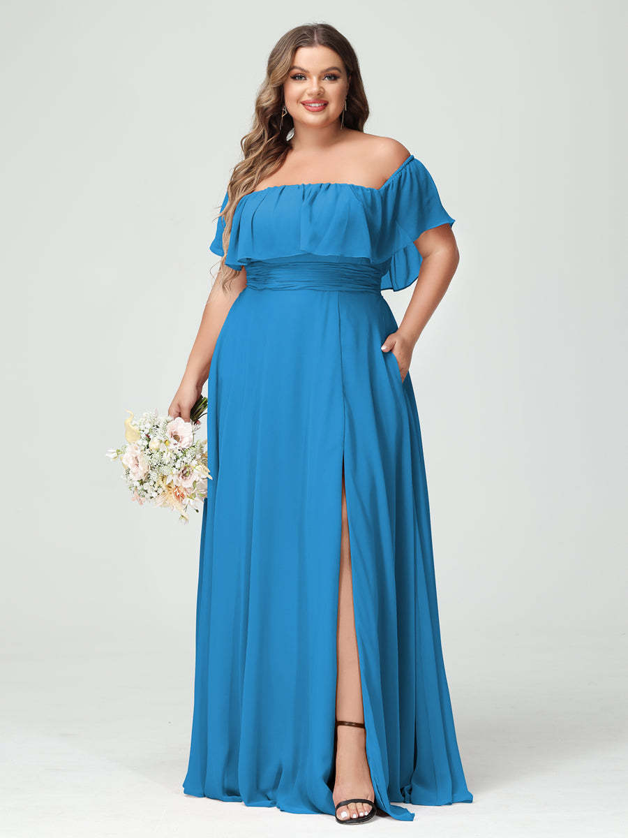Plus Size Chiffon Bridesmaid Dress with Pockets, A-Line/Princess Cut, Off-the-Shoulder Short Sleeves & Side Split-BMbridal.UK