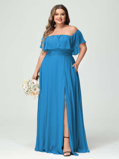 Plus Size Chiffon Bridesmaid Dress with Pockets, A-Line/Princess Cut, Off-the-Shoulder Short Sleeves & Side Split-BMbridal.UK