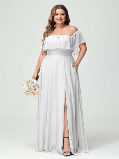 Plus Size Chiffon Bridesmaid Dress with Pockets, A-Line/Princess Cut, Off-the-Shoulder Short Sleeves & Side Split-BMbridal.UK