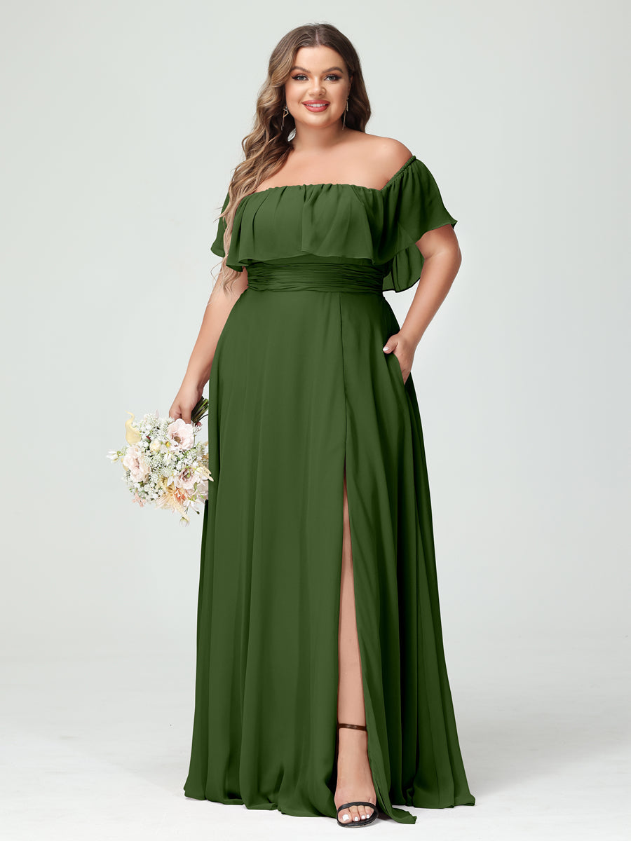 Plus Size Chiffon Bridesmaid Dress with Pockets, A-Line/Princess Cut, Off-the-Shoulder Short Sleeves & Side Split-BMbridal.UK