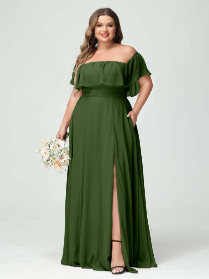 Plus Size Chiffon Bridesmaid Dress with Pockets, A-Line/Princess Cut, Off-the-Shoulder Short Sleeves & Side Split-BMbridal.UK