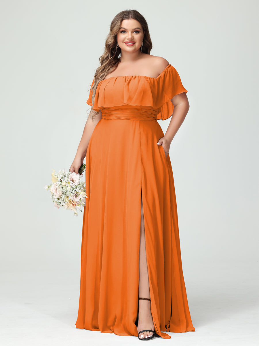 Plus Size Chiffon Bridesmaid Dress with Pockets, A-Line/Princess Cut, Off-the-Shoulder Short Sleeves & Side Split-BMbridal.UK