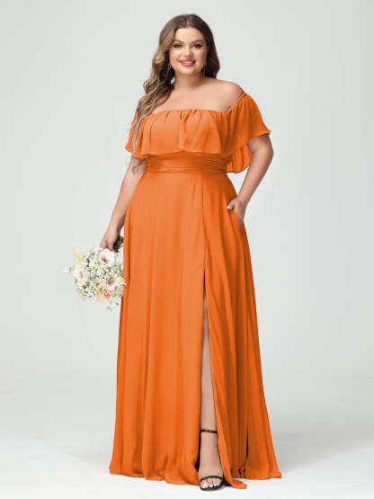Plus Size Chiffon Bridesmaid Dress with Pockets, A-Line/Princess Cut, Off-the-Shoulder Short Sleeves & Side Split-BMbridal.UK