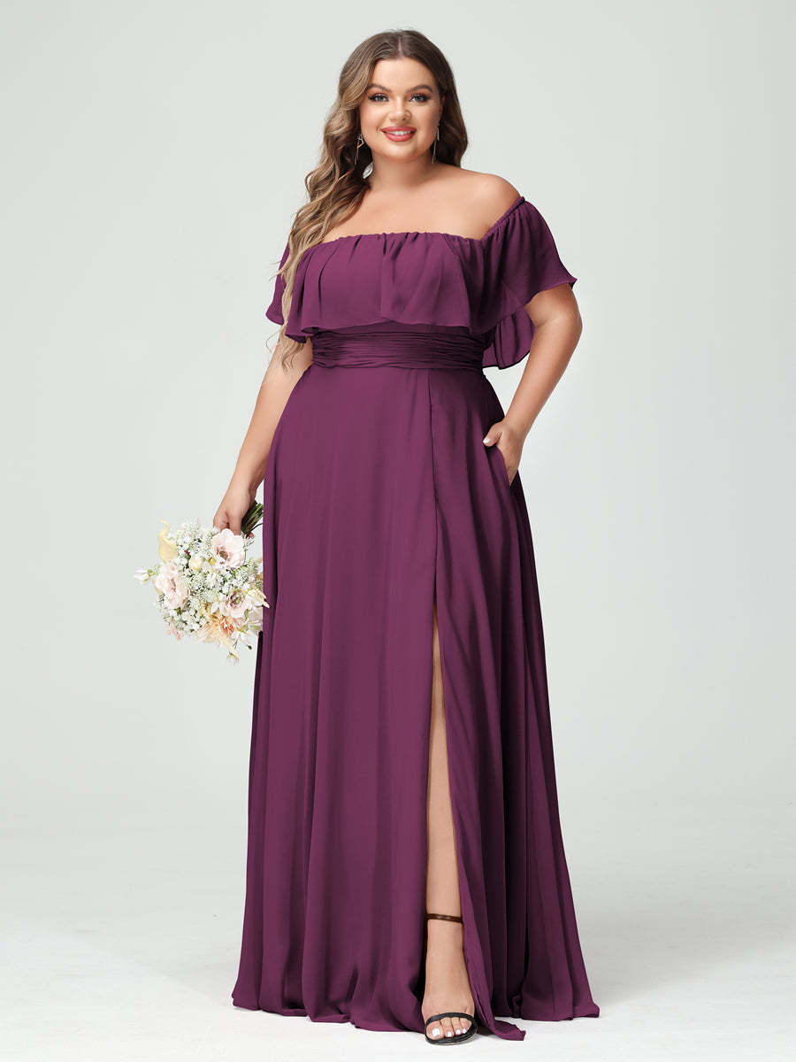 Plus Size Chiffon Bridesmaid Dress with Pockets, A-Line/Princess Cut, Off-the-Shoulder Short Sleeves & Side Split-BMbridal.UK
