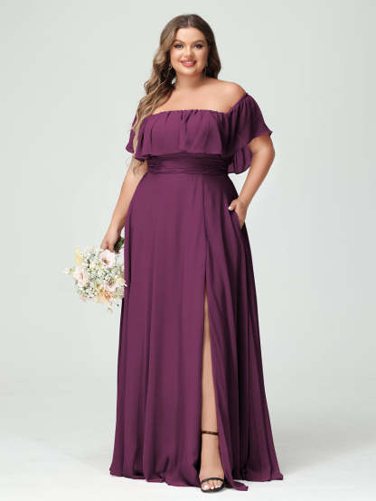 Plus Size Chiffon Bridesmaid Dress with Pockets, A-Line/Princess Cut, Off-the-Shoulder Short Sleeves & Side Split-BMbridal.UK