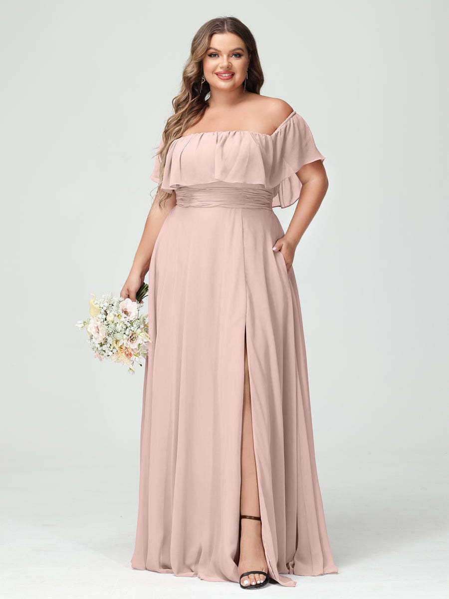 Plus Size Chiffon Bridesmaid Dress with Pockets, A-Line/Princess Cut, Off-the-Shoulder Short Sleeves & Side Split-BMbridal.UK