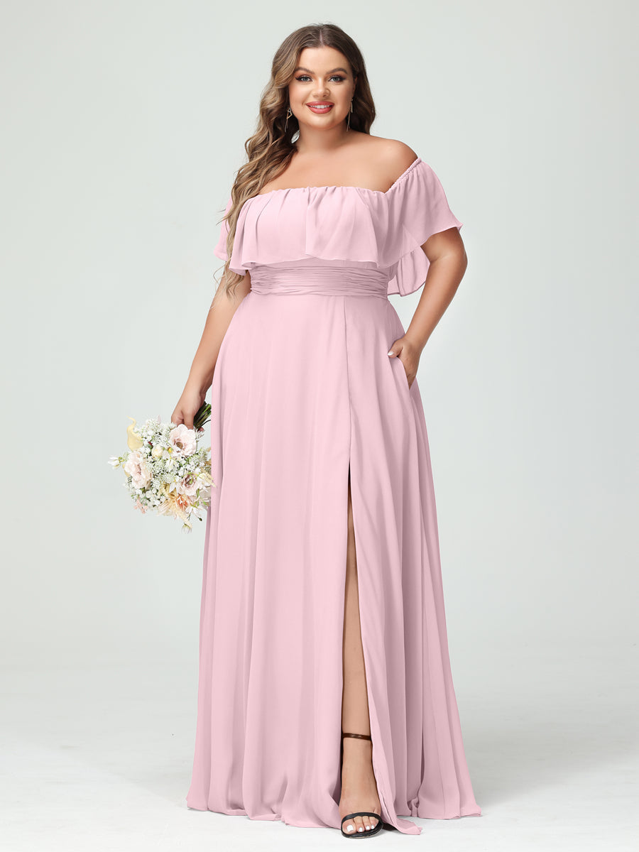 Plus Size Chiffon Bridesmaid Dress with Pockets, A-Line/Princess Cut, Off-the-Shoulder Short Sleeves & Side Split-BMbridal.UK