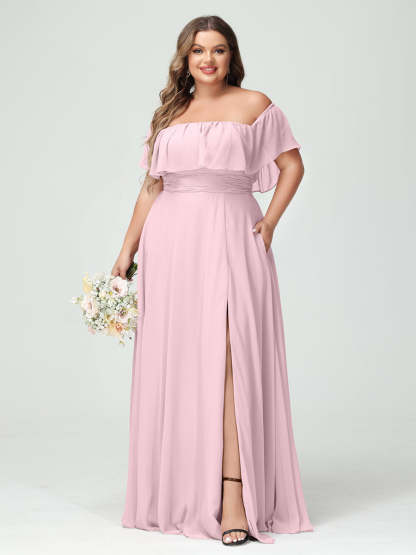 Plus Size Chiffon Bridesmaid Dress with Pockets, A-Line/Princess Cut, Off-the-Shoulder Short Sleeves & Side Split-BMbridal.UK
