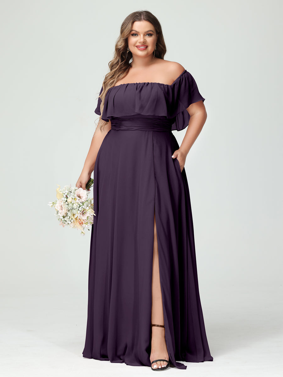 Plus Size Chiffon Bridesmaid Dress with Pockets, A-Line/Princess Cut, Off-the-Shoulder Short Sleeves & Side Split-BMbridal.UK