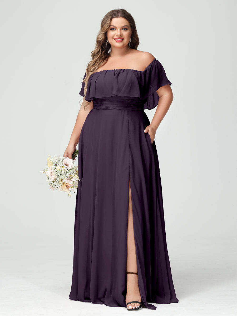 Plus Size Chiffon Bridesmaid Dress with Pockets, A-Line/Princess Cut, Off-the-Shoulder Short Sleeves & Side Split-BMbridal.UK