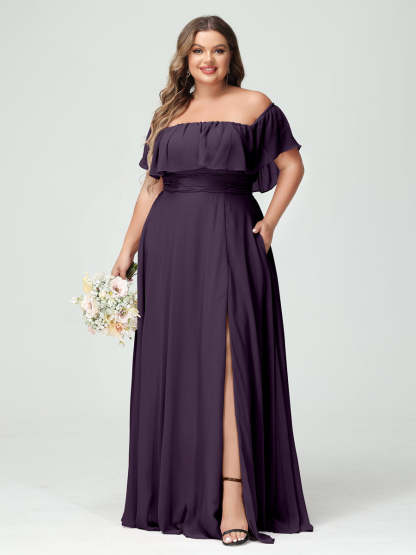 Plus Size Chiffon Bridesmaid Dress with Pockets, A-Line/Princess Cut, Off-the-Shoulder Short Sleeves & Side Split-BMbridal.UK