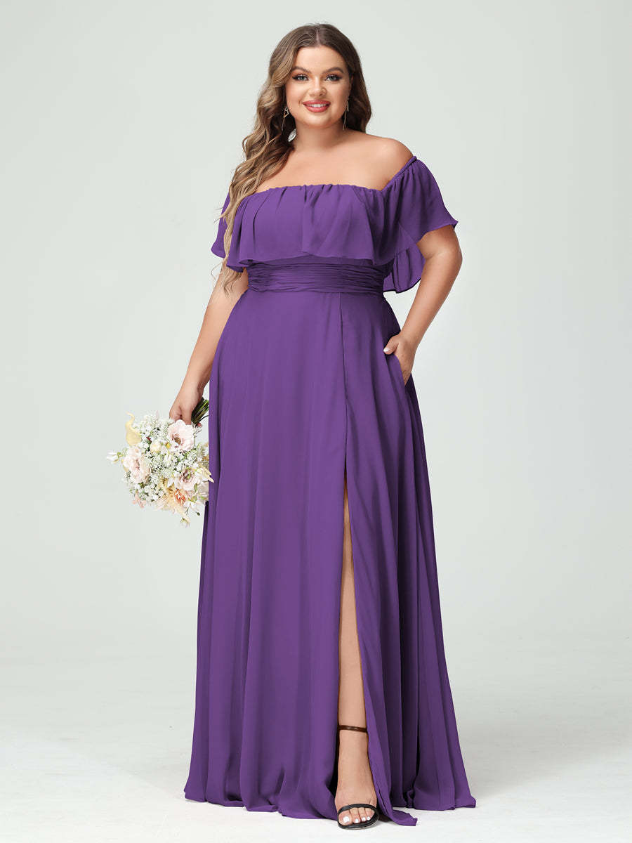 Plus Size Chiffon Bridesmaid Dress with Pockets, A-Line/Princess Cut, Off-the-Shoulder Short Sleeves & Side Split-BMbridal.UK