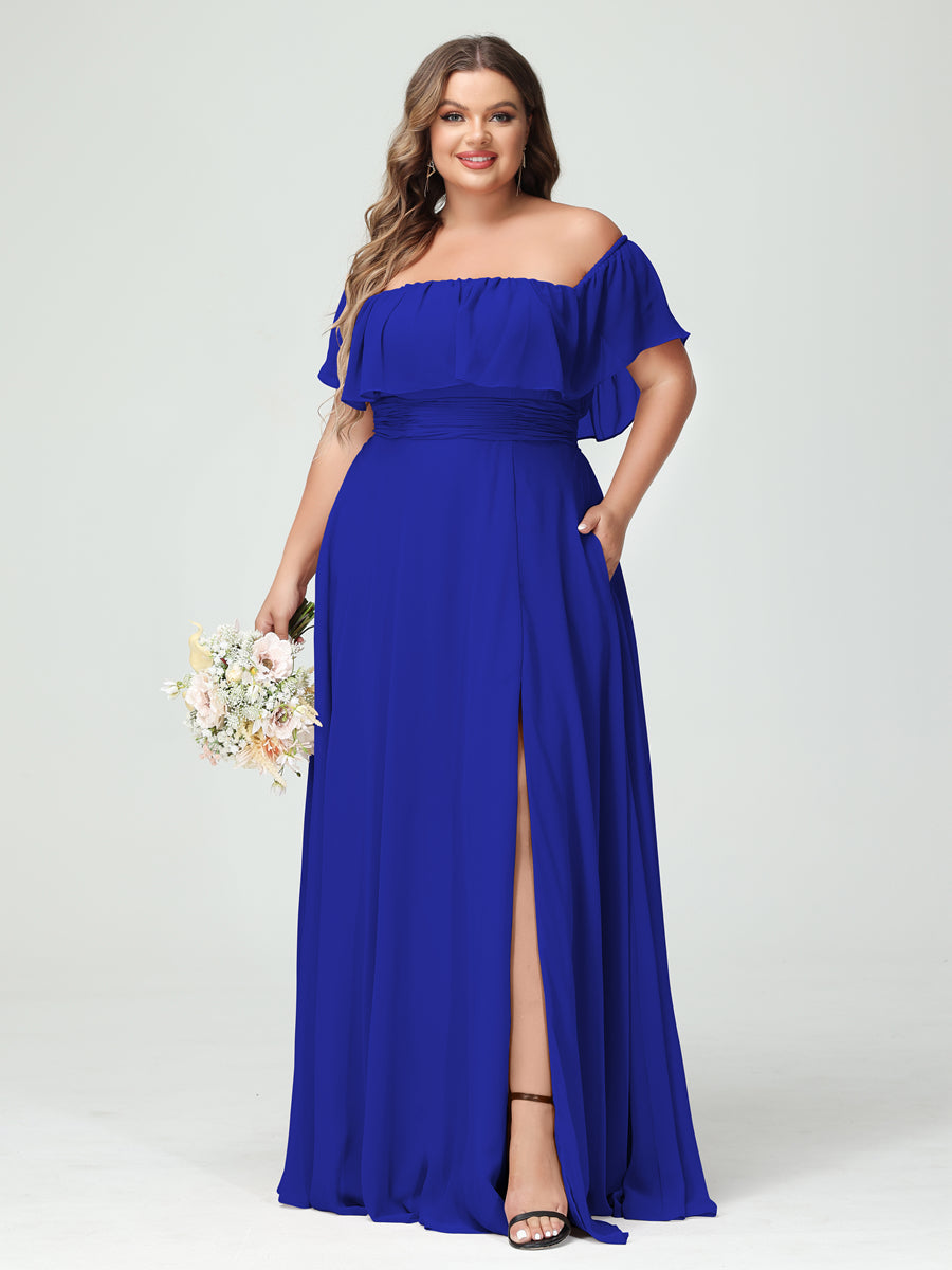Plus Size Chiffon Bridesmaid Dress with Pockets, A-Line/Princess Cut, Off-the-Shoulder Short Sleeves & Side Split-BMbridal.UK