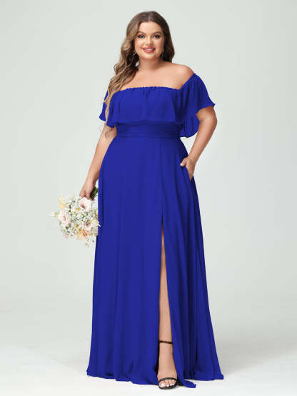 Plus Size Chiffon Bridesmaid Dress with Pockets, A-Line/Princess Cut, Off-the-Shoulder Short Sleeves & Side Split-BMbridal.UK