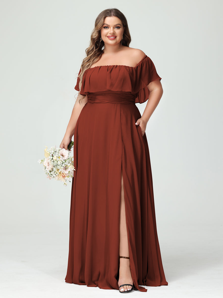 Plus Size Chiffon Bridesmaid Dress with Pockets, A-Line/Princess Cut, Off-the-Shoulder Short Sleeves & Side Split-BMbridal.UK
