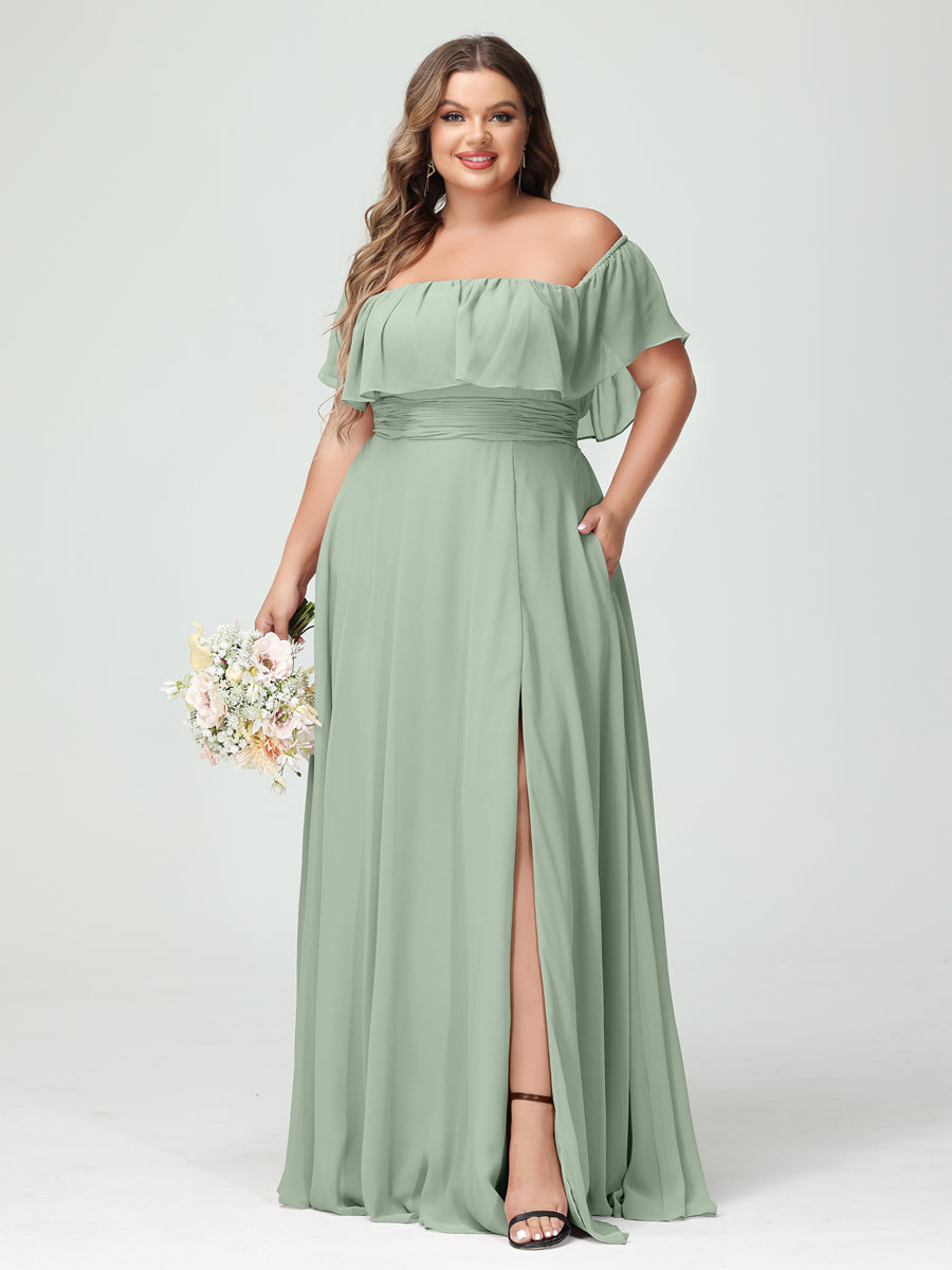 Plus Size Chiffon Bridesmaid Dress with Pockets, A-Line/Princess Cut, Off-the-Shoulder Short Sleeves & Side Split-BMbridal.UK