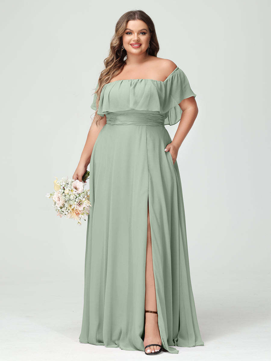 Plus Size Chiffon Bridesmaid Dress with Pockets, A-Line/Princess Cut, Off-the-Shoulder Short Sleeves & Side Split-BMbridal.UK