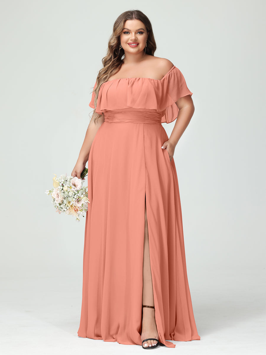 Plus Size Chiffon Bridesmaid Dress with Pockets, A-Line/Princess Cut, Off-the-Shoulder Short Sleeves & Side Split-BMbridal.UK