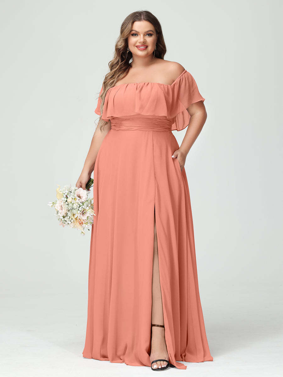 Plus Size Chiffon Bridesmaid Dress with Pockets, A-Line/Princess Cut, Off-the-Shoulder Short Sleeves & Side Split-BMbridal.UK