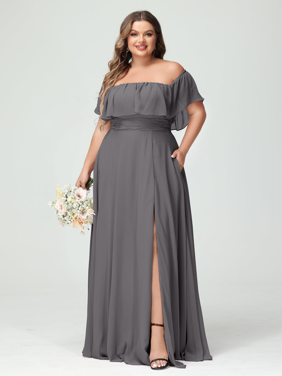 Plus Size Chiffon Bridesmaid Dress with Pockets, A-Line/Princess Cut, Off-the-Shoulder Short Sleeves & Side Split-BMbridal.UK