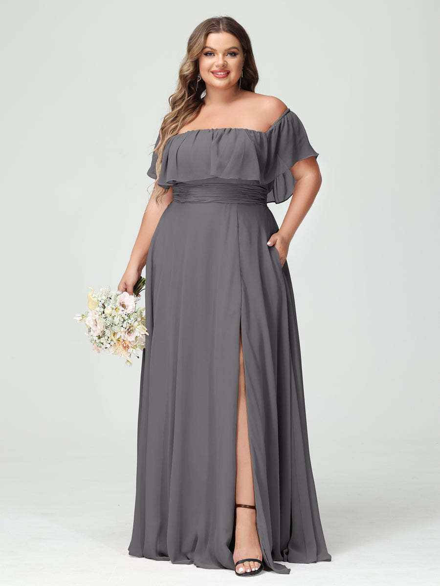Plus Size Chiffon Bridesmaid Dress with Pockets, A-Line/Princess Cut, Off-the-Shoulder Short Sleeves & Side Split-BMbridal.UK
