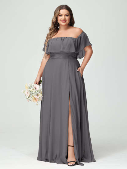 Plus Size Chiffon Bridesmaid Dress with Pockets, A-Line/Princess Cut, Off-the-Shoulder Short Sleeves & Side Split-BMbridal.UK