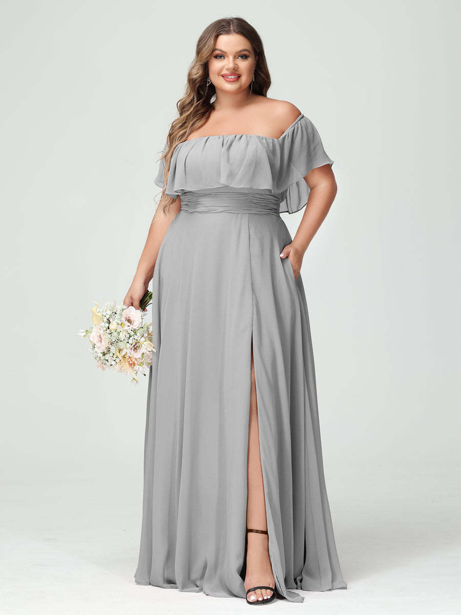 Plus Size Chiffon Bridesmaid Dress with Pockets, A-Line/Princess Cut, Off-the-Shoulder Short Sleeves & Side Split-BMbridal.UK