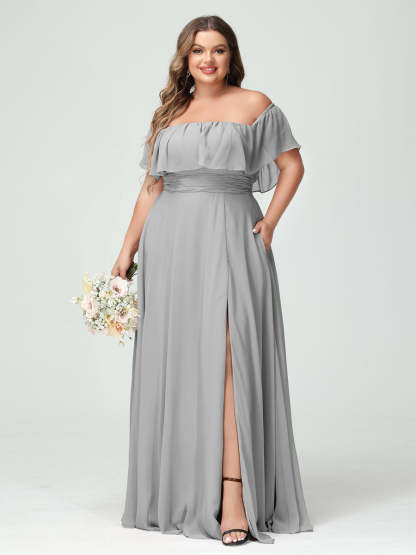 Plus Size Chiffon Bridesmaid Dress with Pockets, A-Line/Princess Cut, Off-the-Shoulder Short Sleeves & Side Split-BMbridal.UK