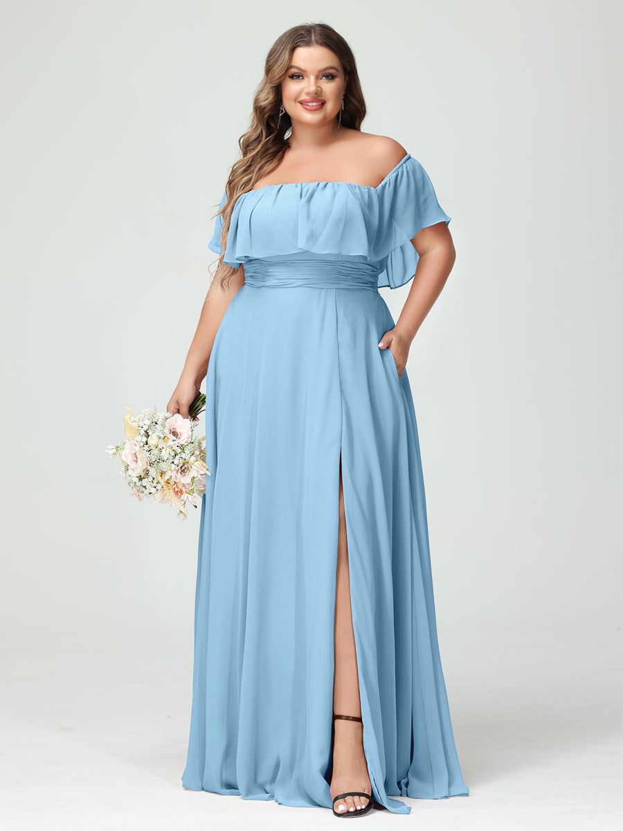 Plus Size Chiffon Bridesmaid Dress with Pockets, A-Line/Princess Cut, Off-the-Shoulder Short Sleeves & Side Split-BMbridal.UK