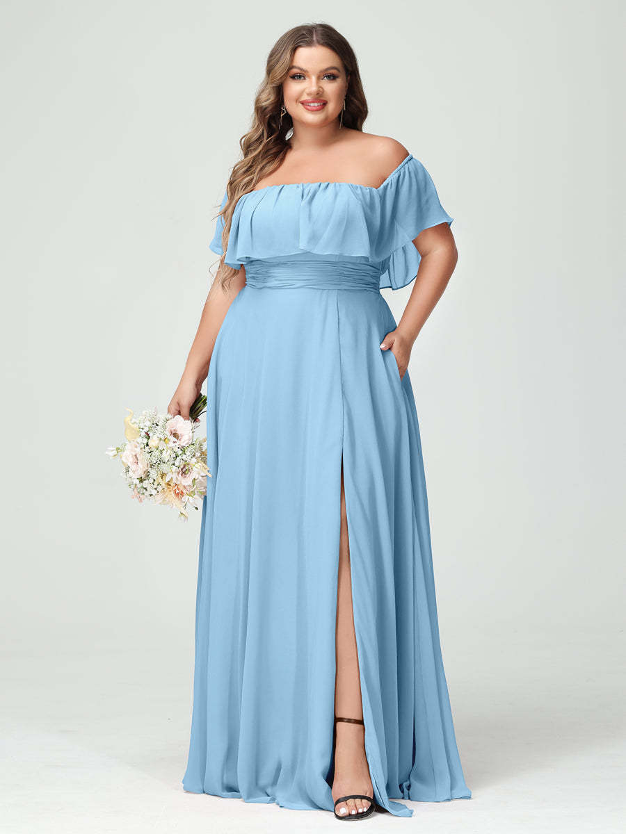 Plus Size Chiffon Bridesmaid Dress with Pockets, A-Line/Princess Cut, Off-the-Shoulder Short Sleeves & Side Split-BMbridal.UK