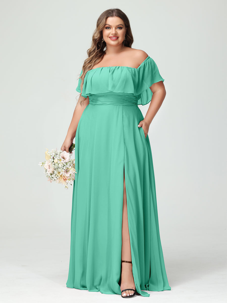 Plus Size Chiffon Bridesmaid Dress with Pockets, A-Line/Princess Cut, Off-the-Shoulder Short Sleeves & Side Split-BMbridal.UK