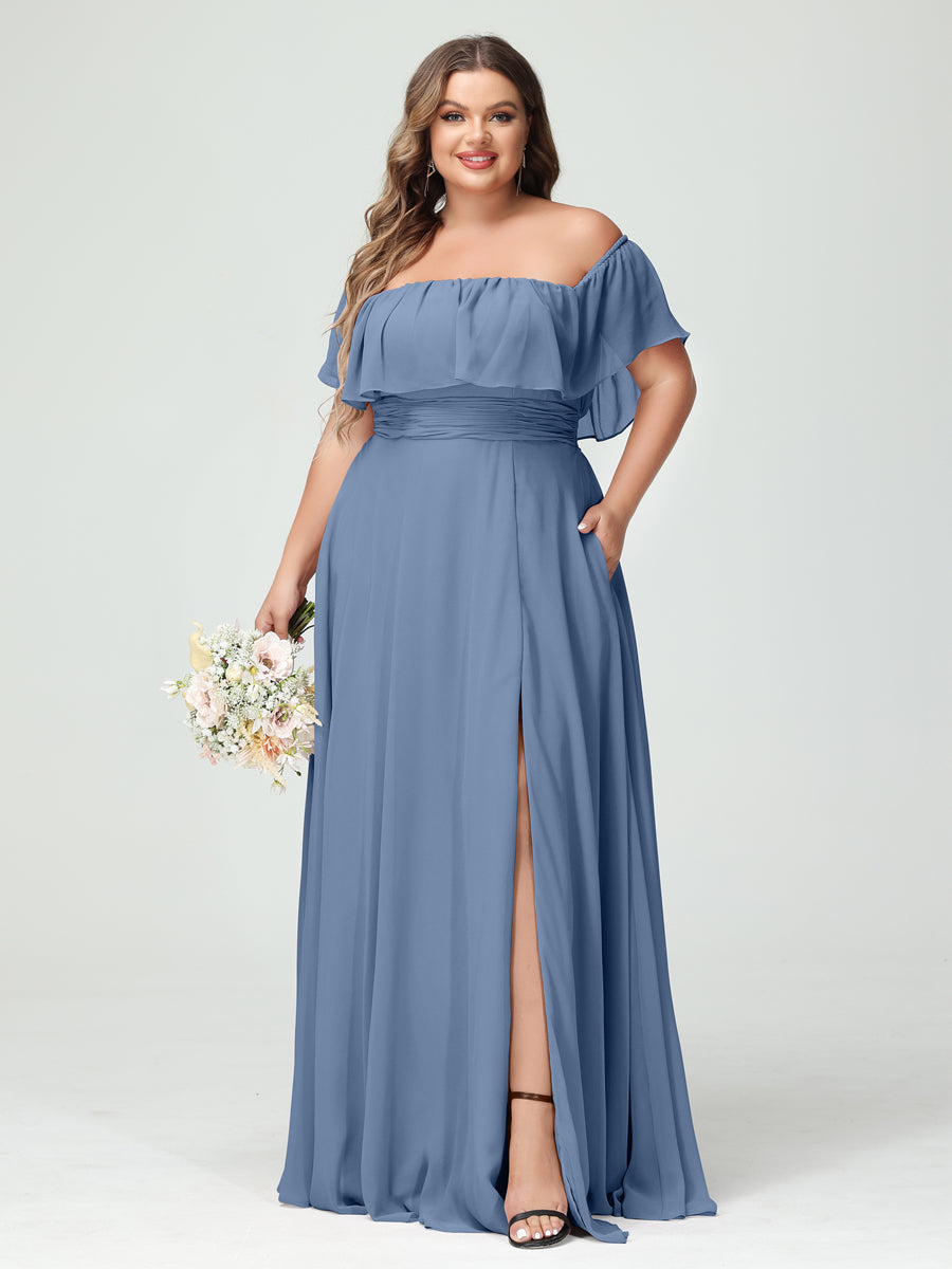 Plus Size Chiffon Bridesmaid Dress with Pockets, A-Line/Princess Cut, Off-the-Shoulder Short Sleeves & Side Split-BMbridal.UK