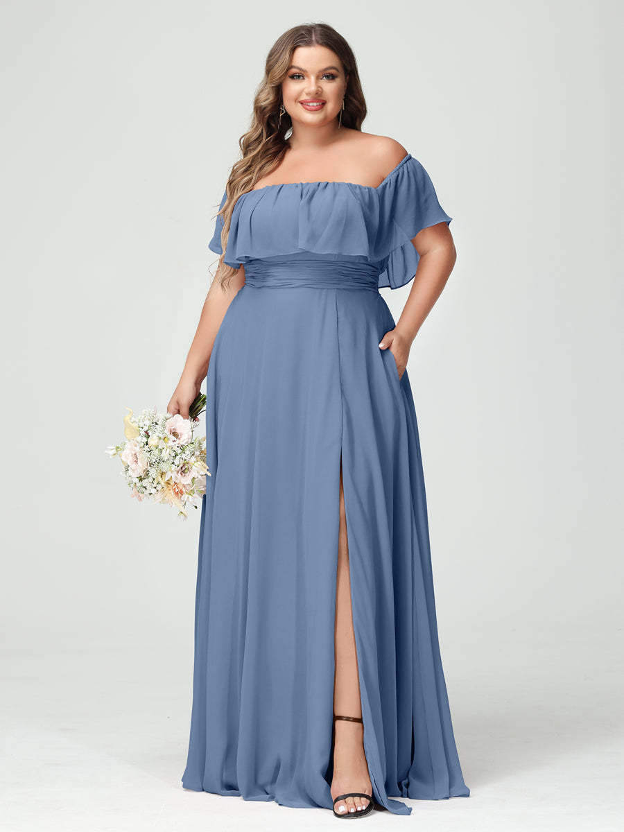 Plus Size Chiffon Bridesmaid Dress with Pockets, A-Line/Princess Cut, Off-the-Shoulder Short Sleeves & Side Split-BMbridal.UK