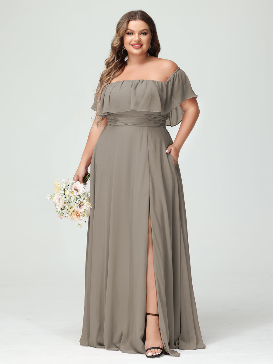 Plus Size Chiffon Bridesmaid Dress with Pockets, A-Line/Princess Cut, Off-the-Shoulder Short Sleeves & Side Split-BMbridal.UK