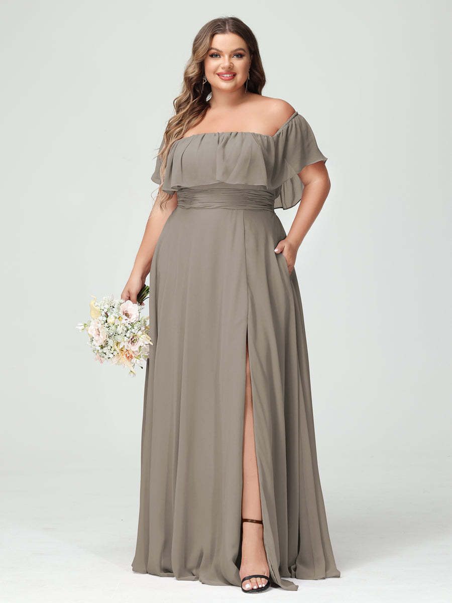 Plus Size Chiffon Bridesmaid Dress with Pockets, A-Line/Princess Cut, Off-the-Shoulder Short Sleeves & Side Split-BMbridal.UK