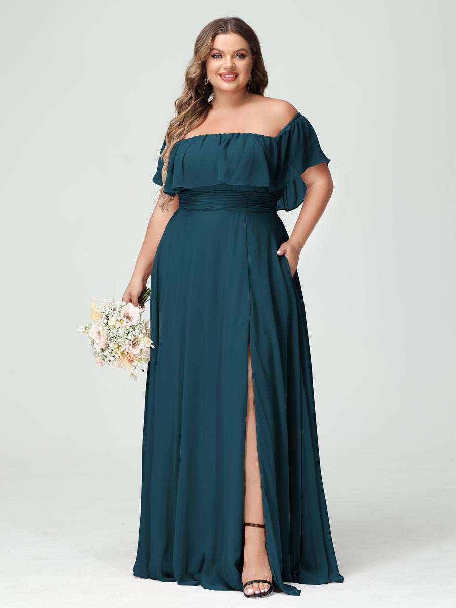 Plus Size Chiffon Bridesmaid Dress with Pockets, A-Line/Princess Cut, Off-the-Shoulder Short Sleeves & Side Split-BMbridal.UK