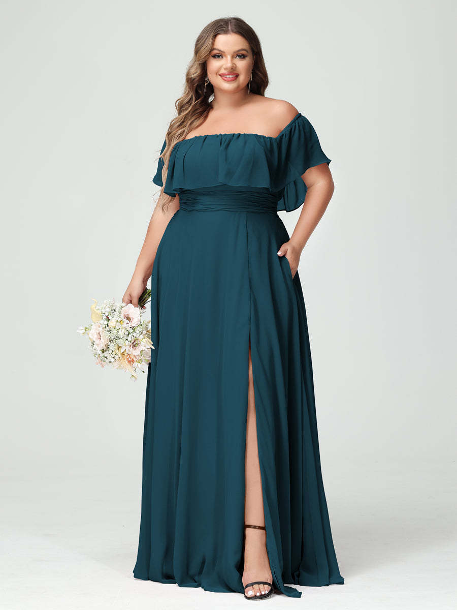 Plus Size Chiffon Bridesmaid Dress with Pockets, A-Line/Princess Cut, Off-the-Shoulder Short Sleeves & Side Split-BMbridal.UK