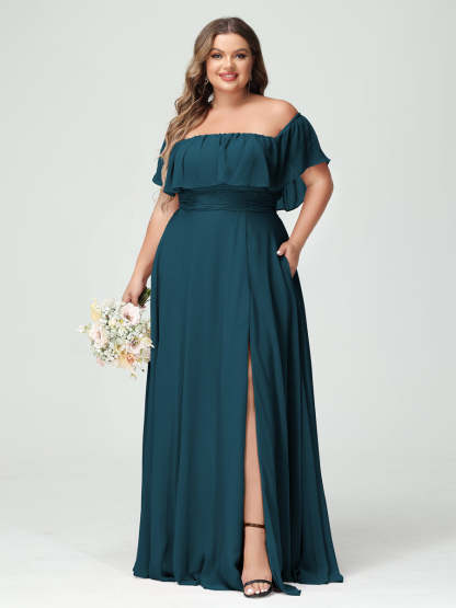 Plus Size Chiffon Bridesmaid Dress with Pockets, A-Line/Princess Cut, Off-the-Shoulder Short Sleeves & Side Split-BMbridal.UK