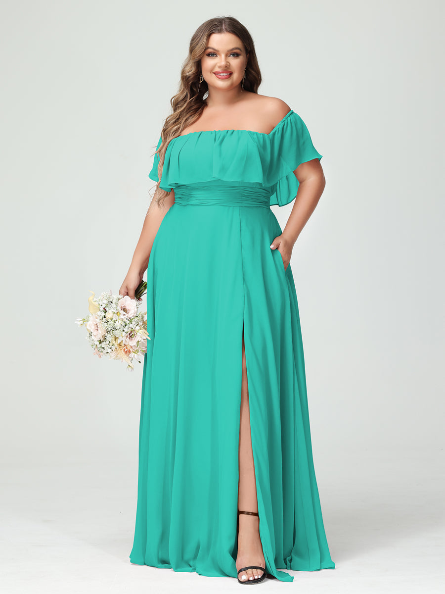 Plus Size Chiffon Bridesmaid Dress with Pockets, A-Line/Princess Cut, Off-the-Shoulder Short Sleeves & Side Split-BMbridal.UK