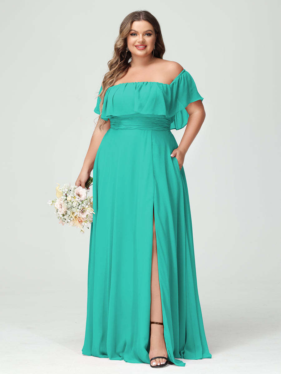 Plus Size Chiffon Bridesmaid Dress with Pockets, A-Line/Princess Cut, Off-the-Shoulder Short Sleeves & Side Split-BMbridal.UK