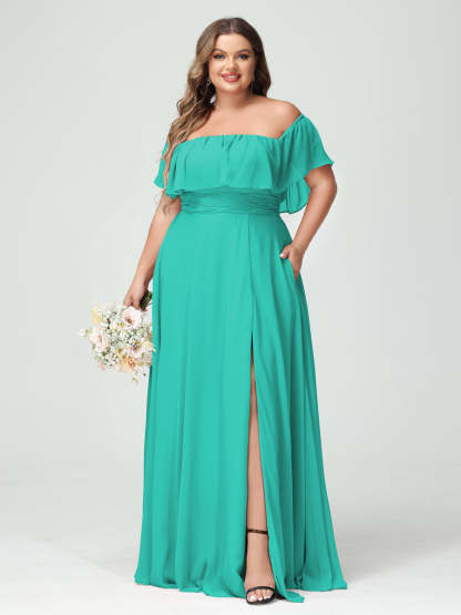 Plus Size Chiffon Bridesmaid Dress with Pockets, A-Line/Princess Cut, Off-the-Shoulder Short Sleeves & Side Split-BMbridal.UK
